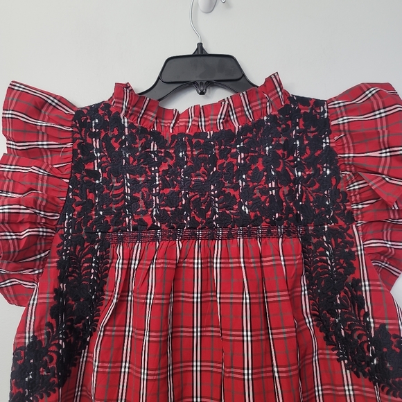 J.Marie Rayna Embroidered Plaid Cap Sleeve Ruffle Neck Top - Picture 6 of 13